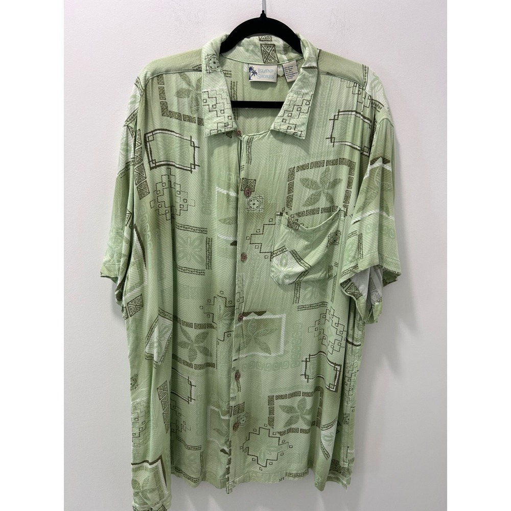 Island Shores Mens 3X Green Tropical Geometric Cotton Rayon Button Down Shirt